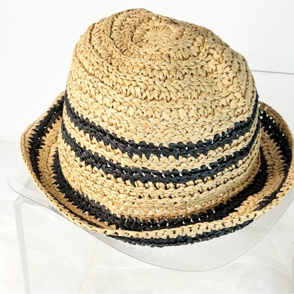 Women's Summer Hat Striped Beige/Black Straw Size M - Picture 1 of 4